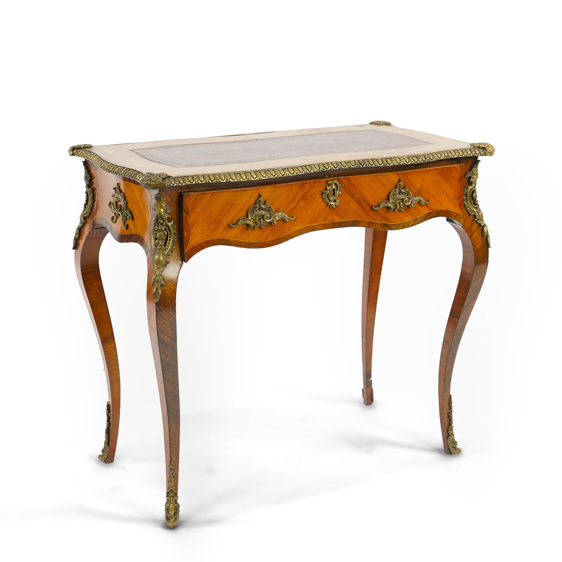 A small Louis XV style gilt metal mounted rosewood and kingwood bureau plat